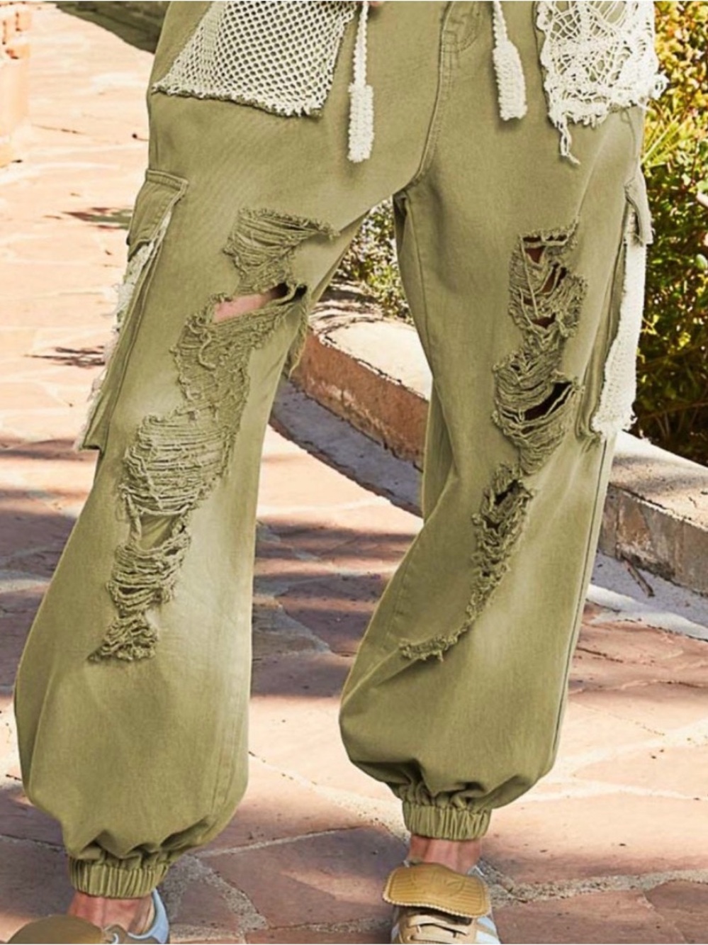 #1379 POL Pink Distressed Cargo Track Pants with Crochet Pockets - Picture 5 of 14